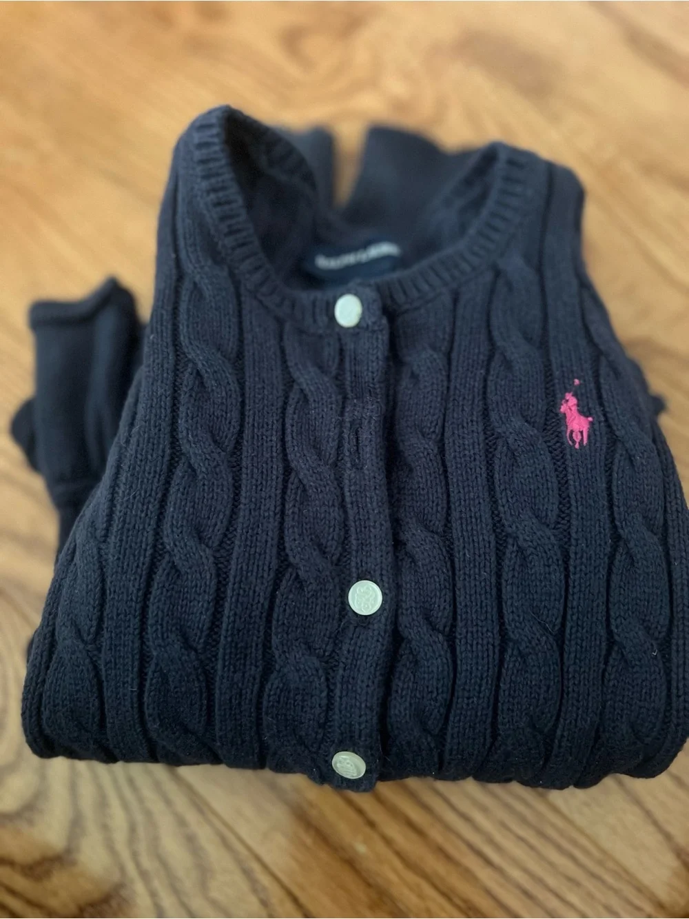 Girl’s Ralph Lauren Navy Cable-Knit Cardigan with Pink Pony Logo Size 6X